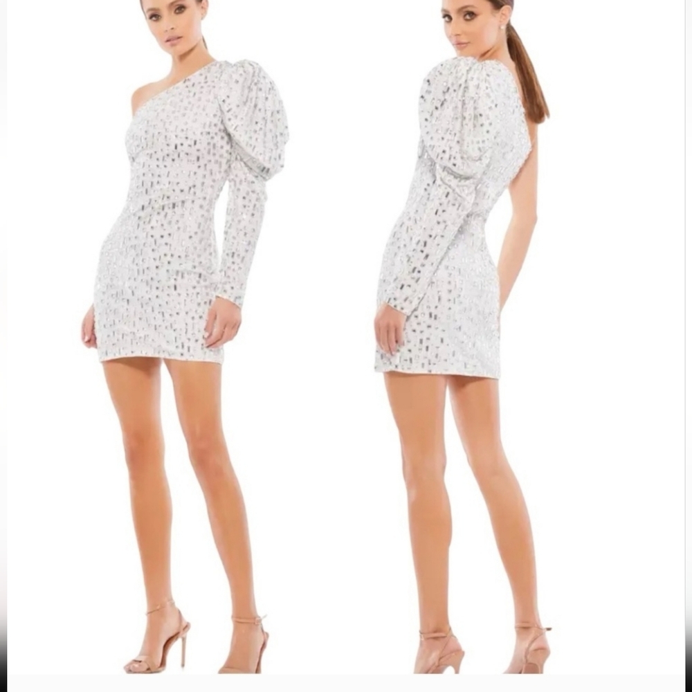 NWT Mac Duggal One Shoulder with Long Sleeve Beaded Mini Dress Size 10 White